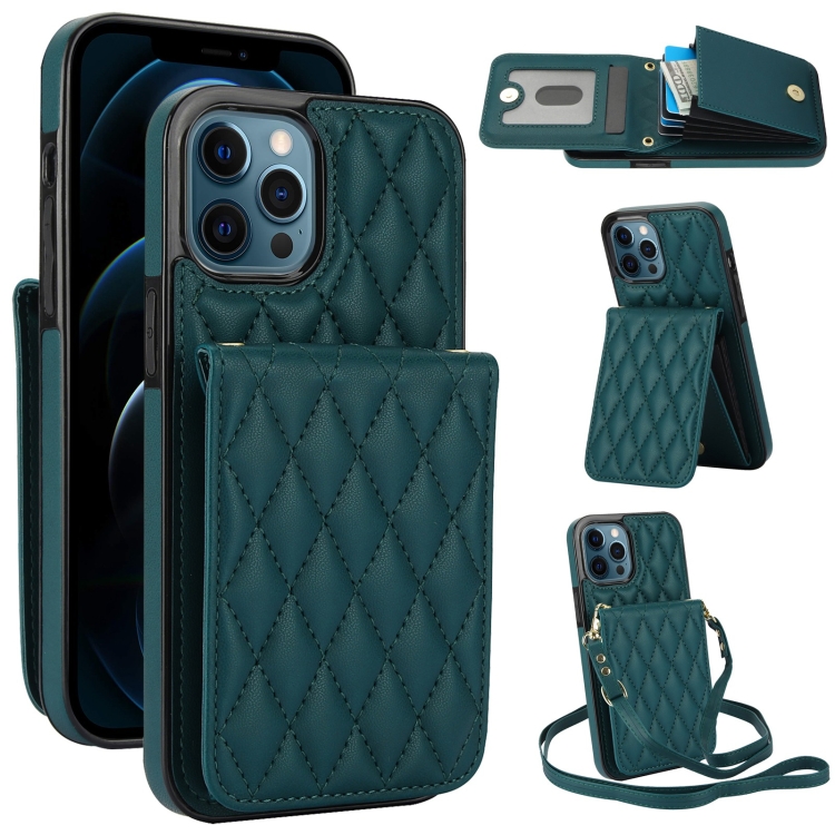 

For iPhone 12 Pro Max YM015 Crossbody Rhombic Card Bag RFID Phone Case(Green)