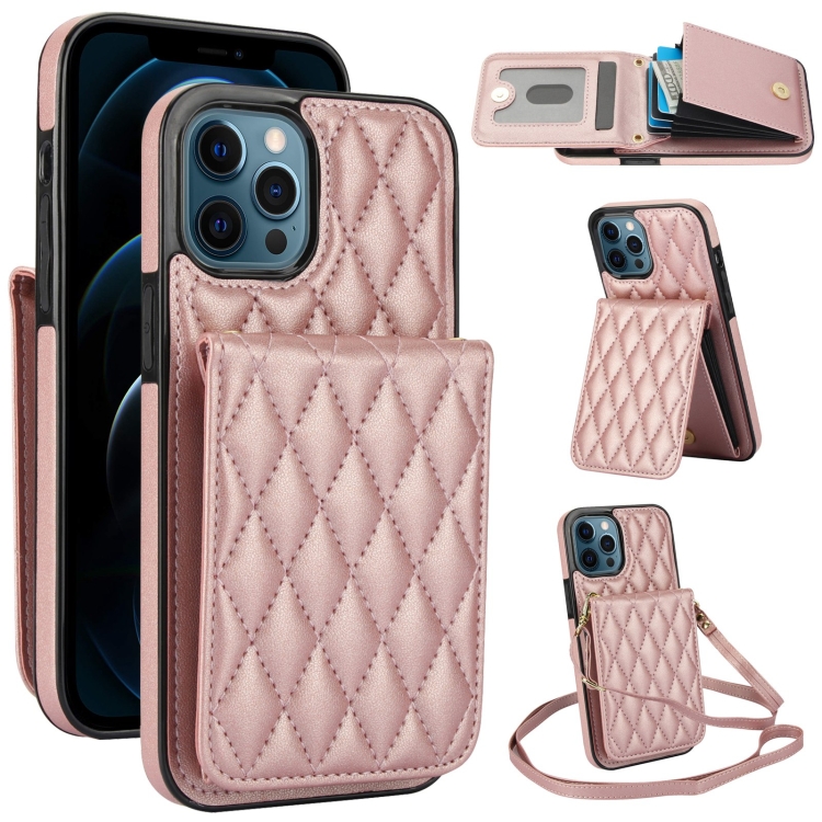 

For iPhone 12 Pro Max YM015 Crossbody Rhombic Card Bag RFID Phone Case(Rose Gold)