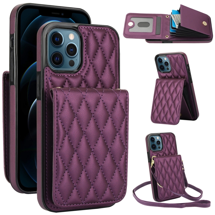 

For iPhone 12 Pro Max YM015 Crossbody Rhombic Card Bag RFID Phone Case(Dark Purple)