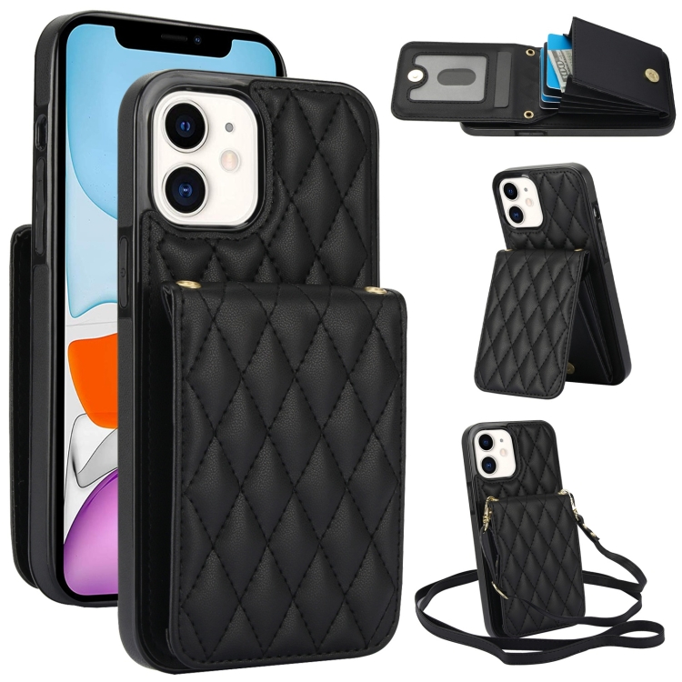 

For iPhone 11 YM015 Crossbody Rhombic Card Bag RFID Phone Case(Black)