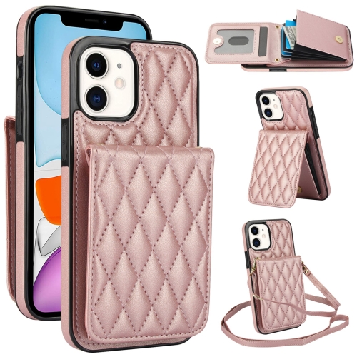 

For iPhone 11 YM015 Crossbody Rhombic Card Bag RFID Phone Case(Rose Gold)