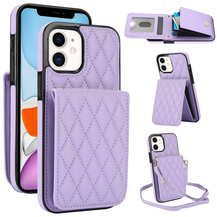 

For iPhone 11 YM015 Crossbody Rhombic Card Bag RFID Phone Case(Light Purple)