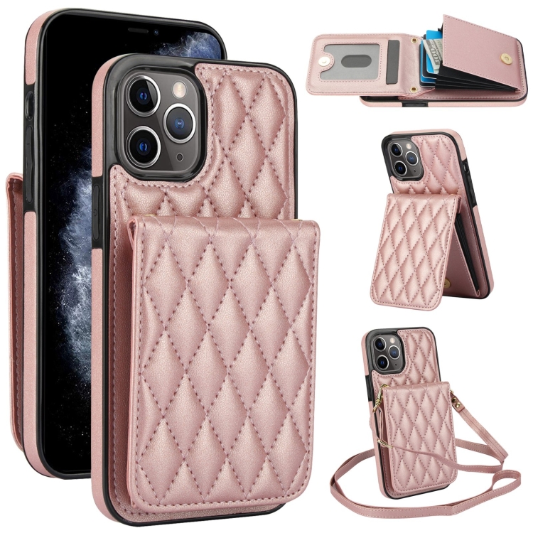 

For iPhone 11 Pro YM015 Crossbody Rhombic Card Bag RFID Phone Case(Rose Gold)