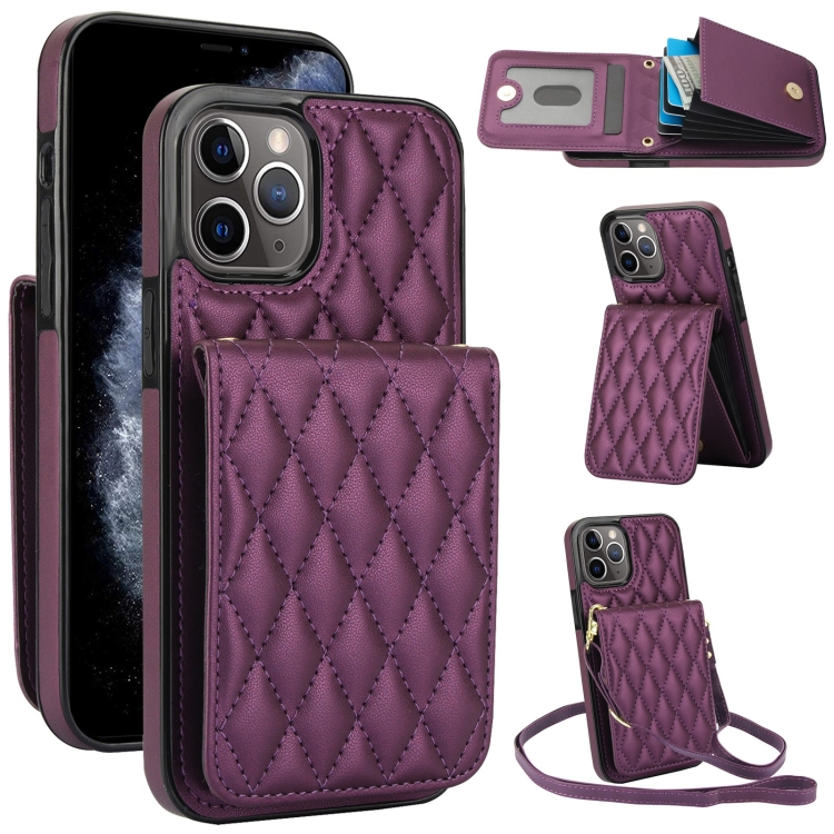 

For iPhone 11 Pro YM015 Crossbody Rhombic Card Bag RFID Phone Case(Dark Purple)