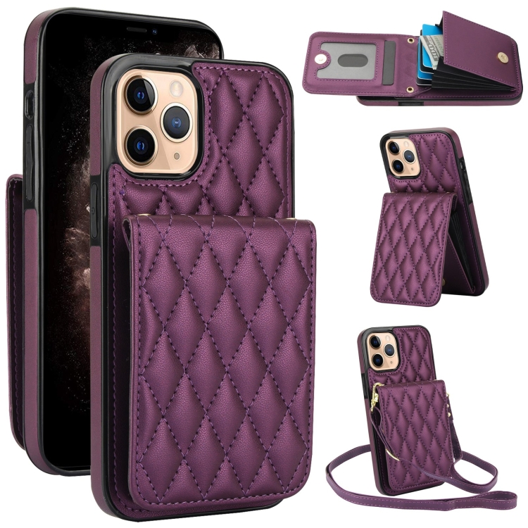 

For iPhone 11 Pro Max YM015 Crossbody Rhombic Card Bag RFID Phone Case(Dark Purple)
