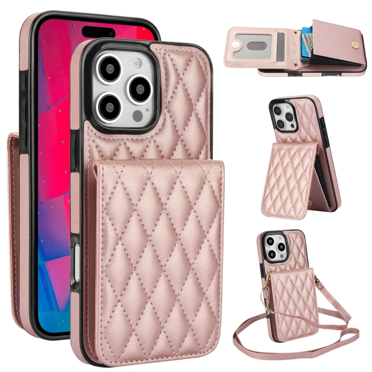 

For iPhone 16 Pro YM015 Crossbody Rhombic Card Bag RFID Phone Case(Rose Gold)