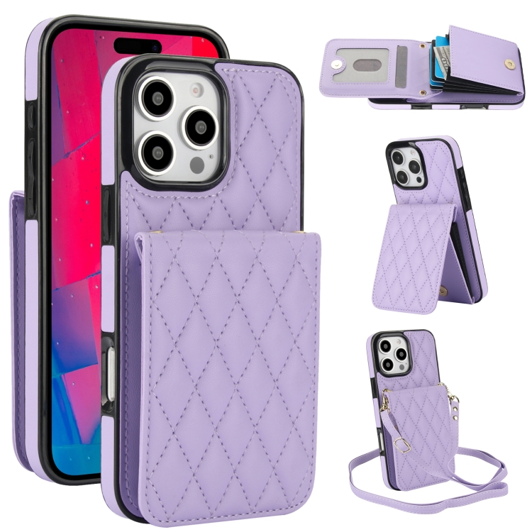 

For iPhone 16 Pro YM015 Crossbody Rhombic Card Bag RFID Phone Case(Light Purple)
