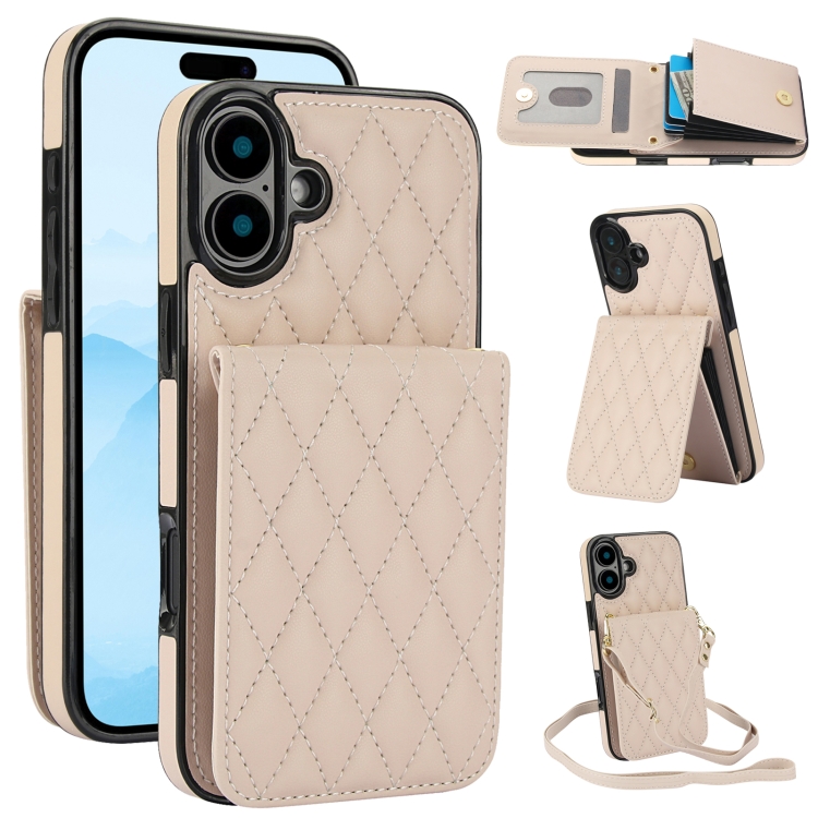

For iPhone 16 Plus YM015 Crossbody Rhombic Card Bag RFID Phone Case(White)