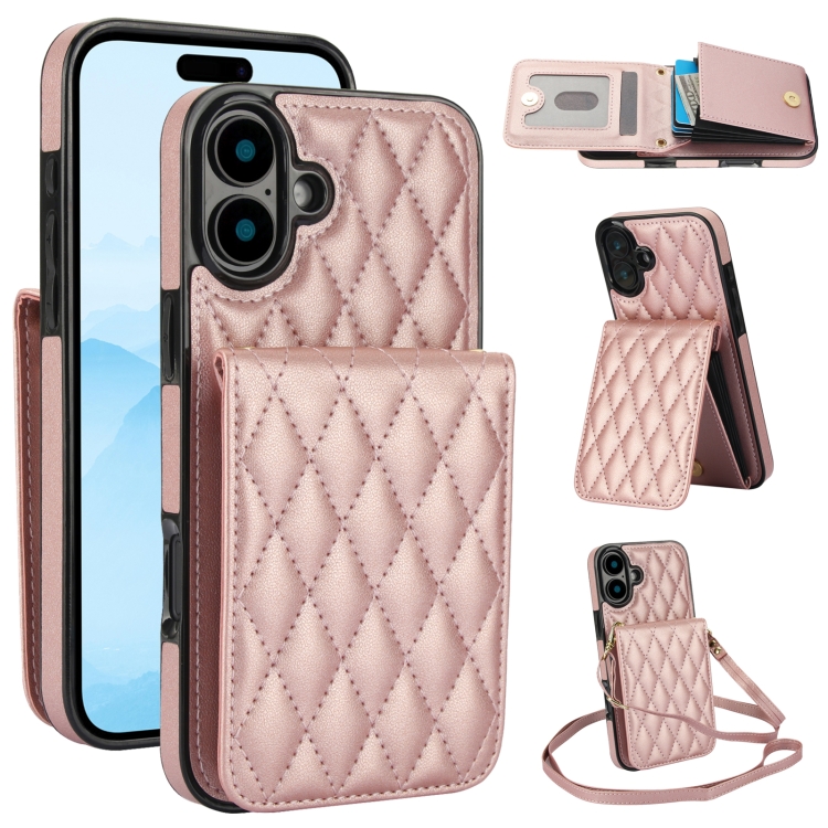 

For iPhone 16 Plus YM015 Crossbody Rhombic Card Bag RFID Phone Case(Rose Gold)