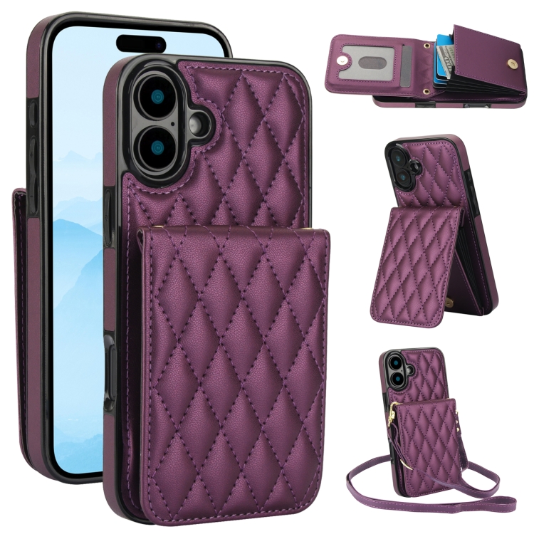 

For iPhone 16 Plus YM015 Crossbody Rhombic Card Bag RFID Phone Case(Dark Purple)