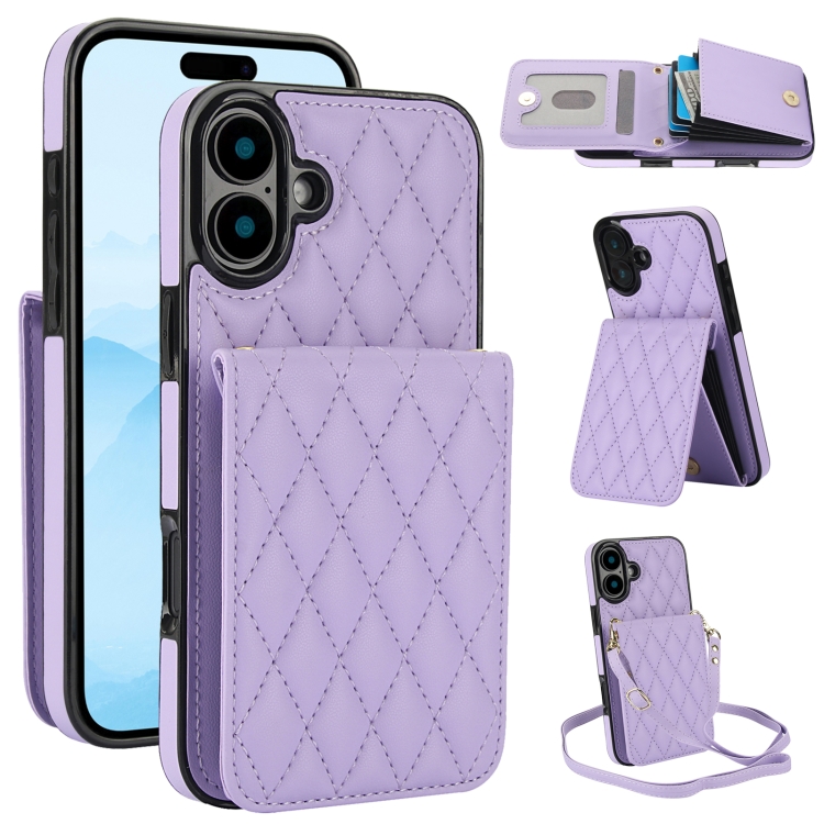 

For iPhone 16 Plus YM015 Crossbody Rhombic Card Bag RFID Phone Case(Light Purple)