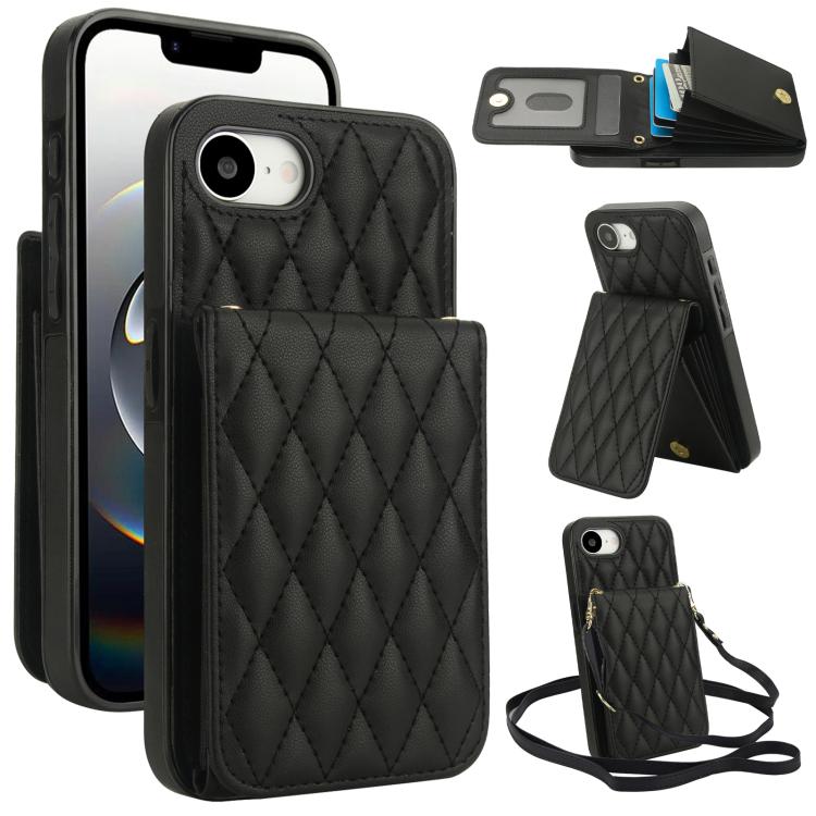 

For iPhone 16e YM015 Crossbody Rhombic Card Bag RFID Phone Case(Black)