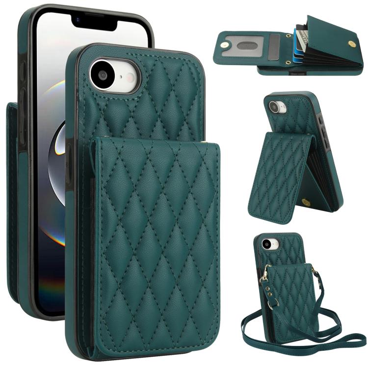 

For iPhone 16e YM015 Crossbody Rhombic Card Bag RFID Phone Case(Green)