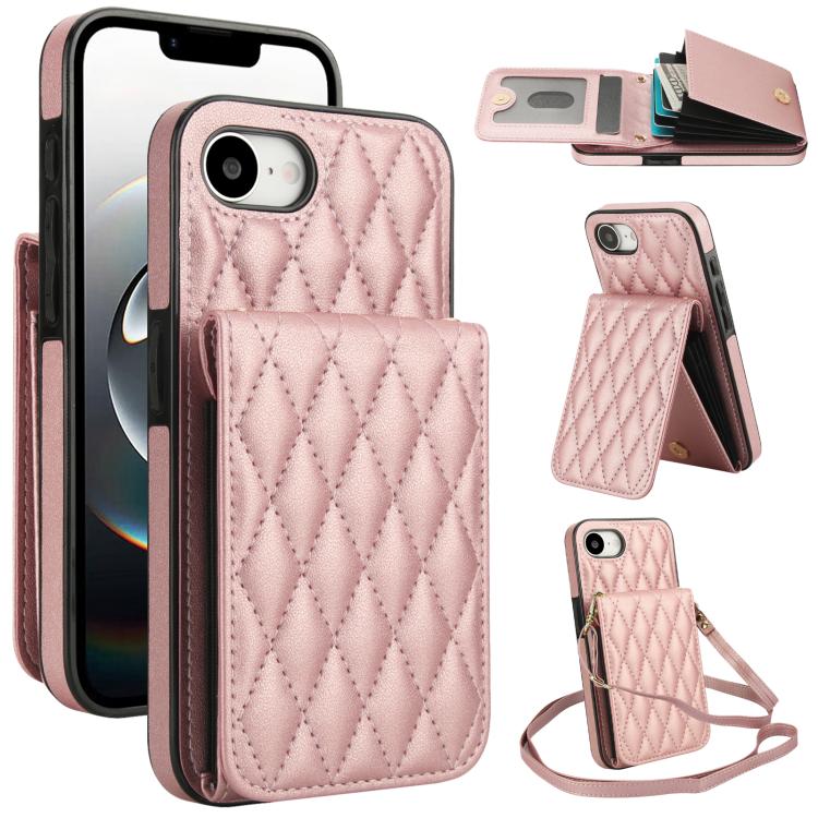 

For iPhone 16e YM015 Crossbody Rhombic Card Bag RFID Phone Case(Rose Gold)