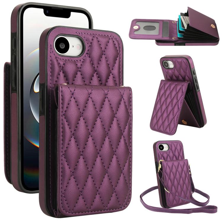 

For iPhone 16e YM015 Crossbody Rhombic Card Bag RFID Phone Case(Dark Purple)