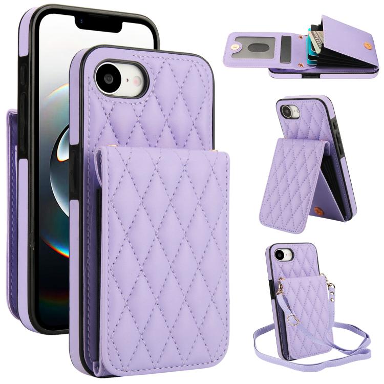 

For iPhone 16e YM015 Crossbody Rhombic Card Bag RFID Phone Case(Light Purple)