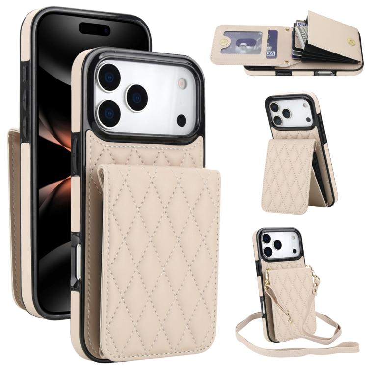 

For iPhone 17 Pro Max YM015 Crossbody Rhombic Card Bag RFID Phone Case(White)