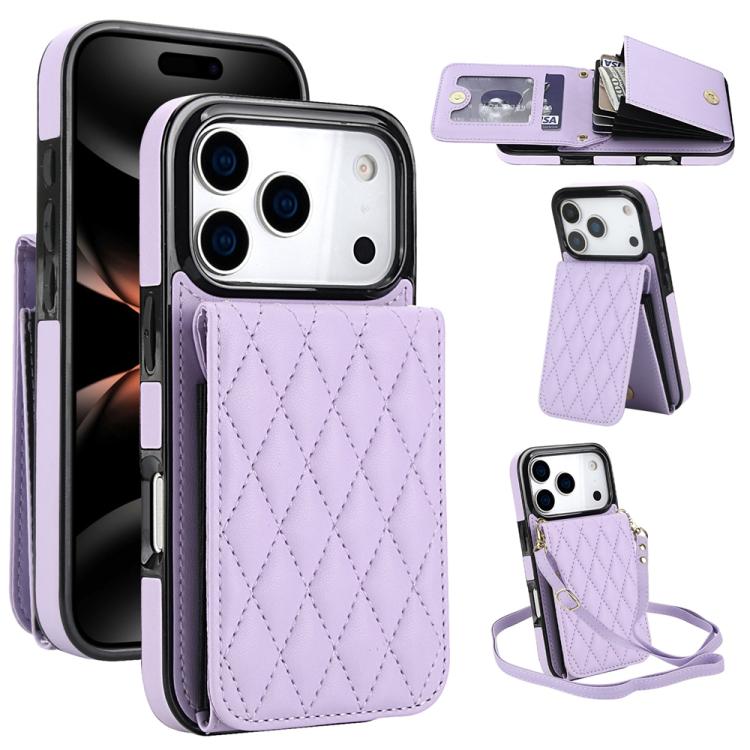 

For iPhone 17 Pro YM015 Crossbody Rhombic Card Bag RFID Phone Case(Light Purple)