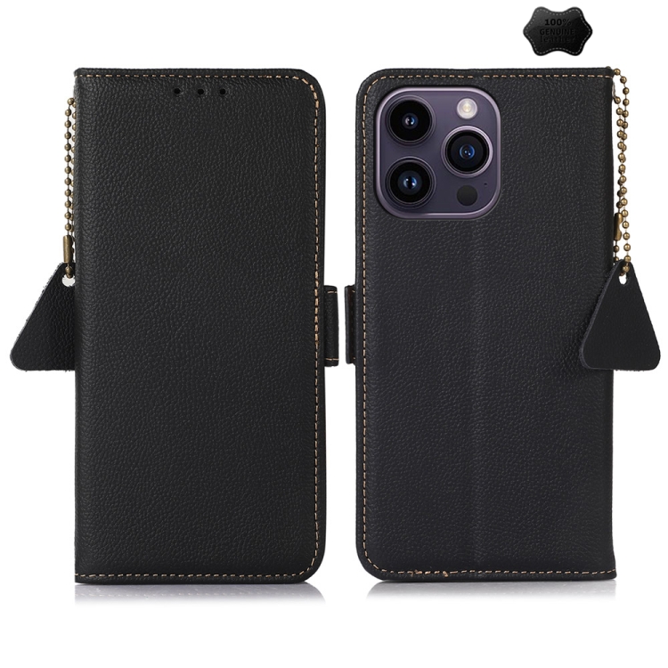 

For iPhone 16 Pro Side-Magnetic TJ Genuine Leather RFID Phone Case(Black)
