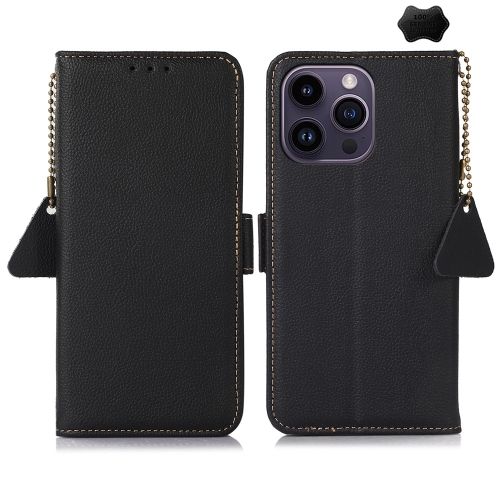 

For iPhone 16 Pro Max Side-Magnetic TJ Genuine Leather RFID Phone Case(Black)