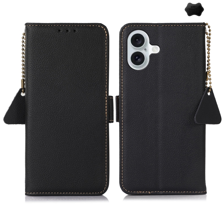 

For iPhone 16 Side-Magnetic TJ Genuine Leather RFID Phone Case(Black)