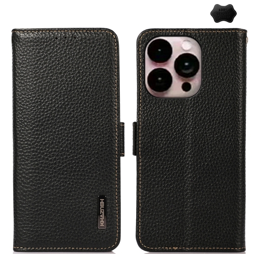 

For iPhone 16 Pro Max KHAZNEH Side-Magnetic Litchi Genuine Leather RFID Case(Black)