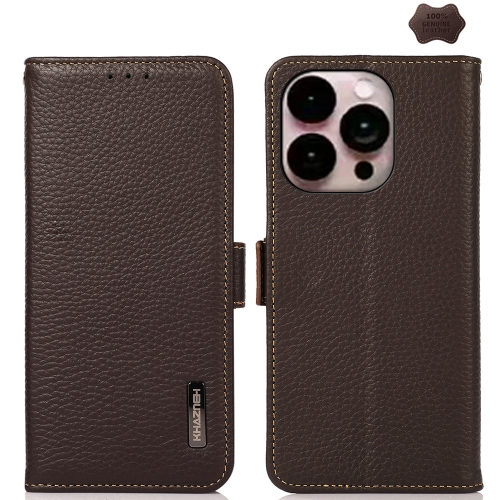 

For iPhone 16 Pro KHAZNEH Side-Magnetic Litchi Genuine Leather RFID Case(Brown)