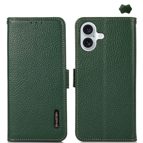 

For iPhone 16 Plus KHAZNEH Side-Magnetic Litchi Genuine Leather RFID Case(Green)