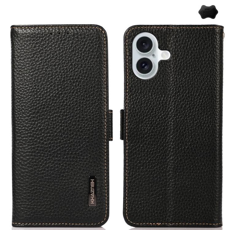 

For iPhone 16 KHAZNEH Side-Magnetic Litchi Genuine Leather RFID Case(Black)