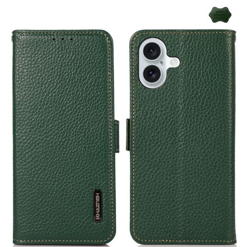 

For iPhone 16 KHAZNEH Side-Magnetic Litchi Genuine Leather RFID Case(Green)