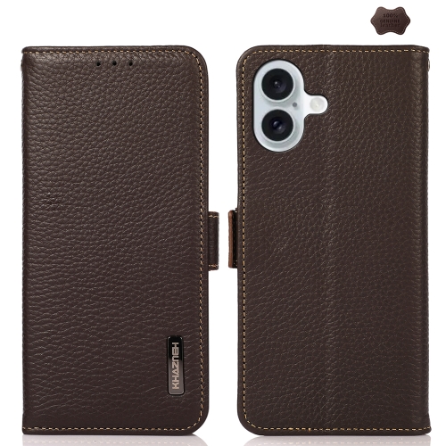 

For iPhone 16 KHAZNEH Side-Magnetic Litchi Genuine Leather RFID Case(Brown)