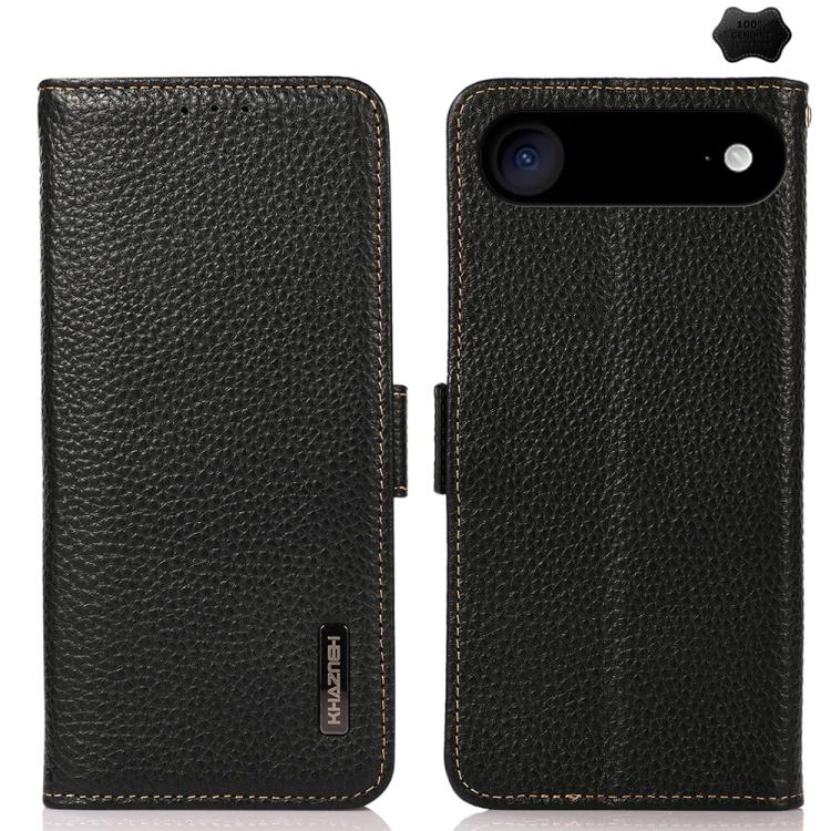 

For iPhone 17 Air KHAZNEH Side-Magnetic Litchi Genuine Leather RFID Case(Black)
