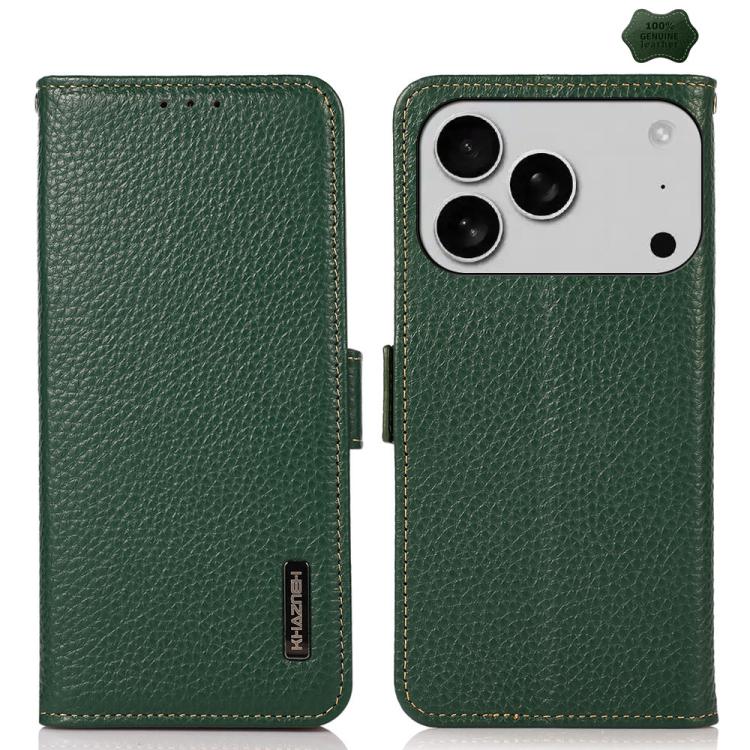 

For iPhone 17 Pro KHAZNEH Side-Magnetic Litchi Genuine Leather RFID Case(Green)
