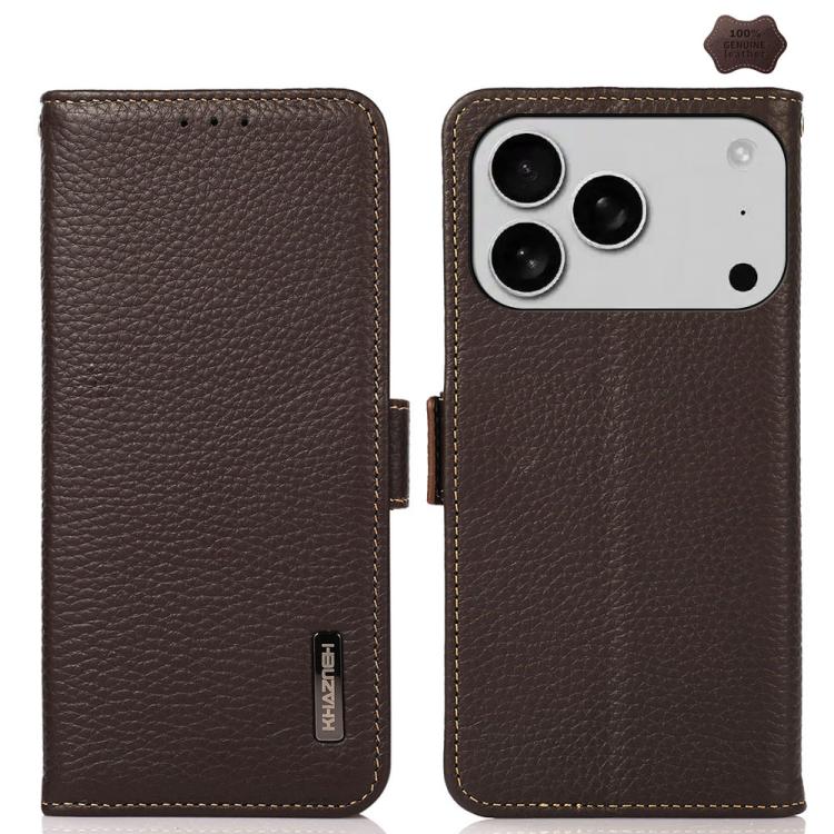 

For iPhone 17 Pro KHAZNEH Side-Magnetic Litchi Genuine Leather RFID Case(Brown)