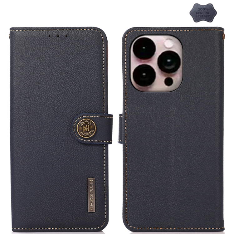 

For iPhone 16 Pro KHAZNEH Custer Genuine Leather RFID Phone Case(Blue)