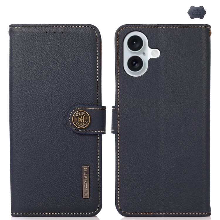 

For iPhone 16 Plus KHAZNEH Custer Genuine Leather RFID Phone Case(Blue)