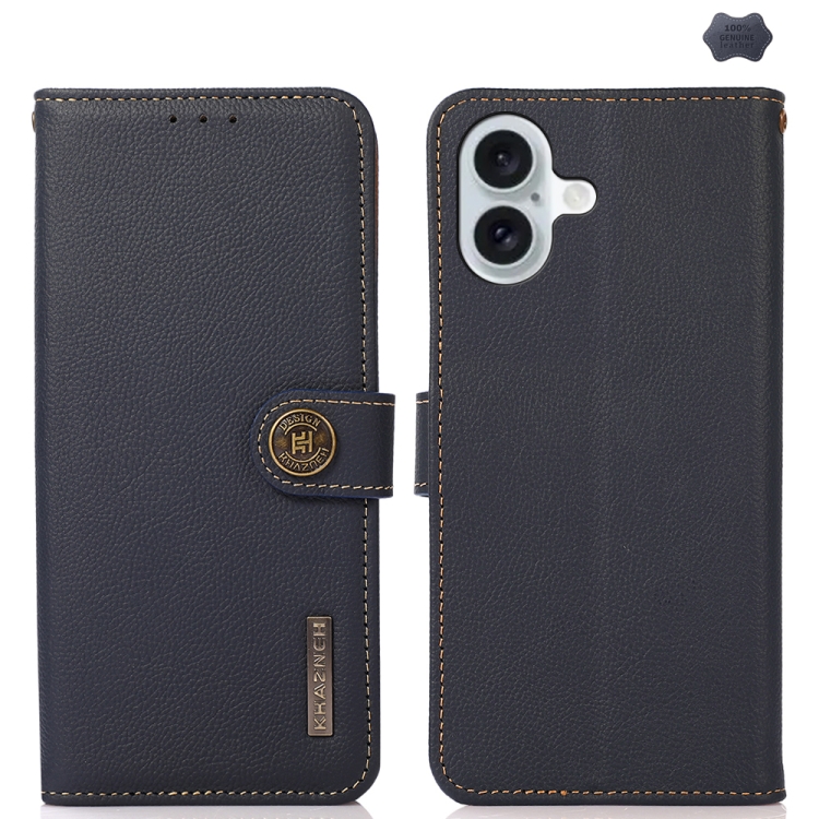 

For iPhone 16 KHAZNEH Custer Genuine Leather RFID Phone Case(Blue)