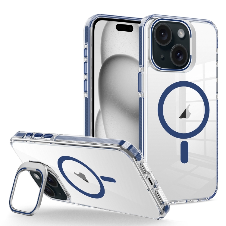 

For iPhone 15 J2 High Transparent MagSafe Magnetic Frame Holder Phone Case(Royal Blue)