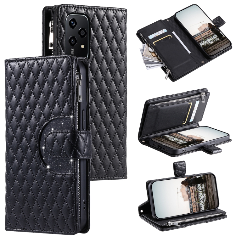 

For Honor 200 Lite Glitter Lattice Zipper Wallet Leather Phone Case(Black)