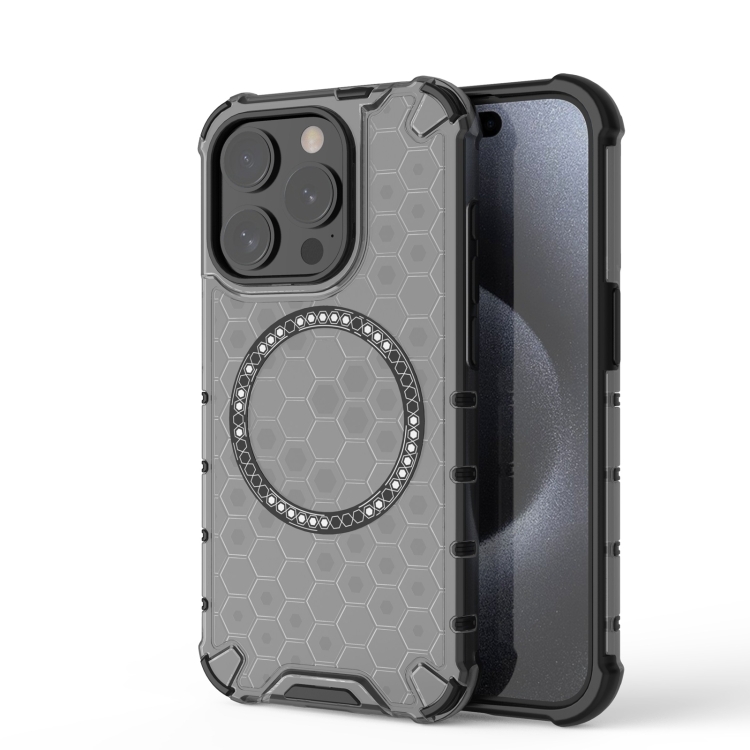 

For iPhone 15 Pro Max Honeycomb Magnetic Ring Shockproof Phone Case(Black)