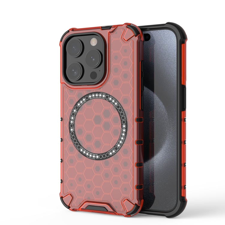 

For iPhone 15 Pro Honeycomb Magnetic Ring Shockproof Phone Case(Red)