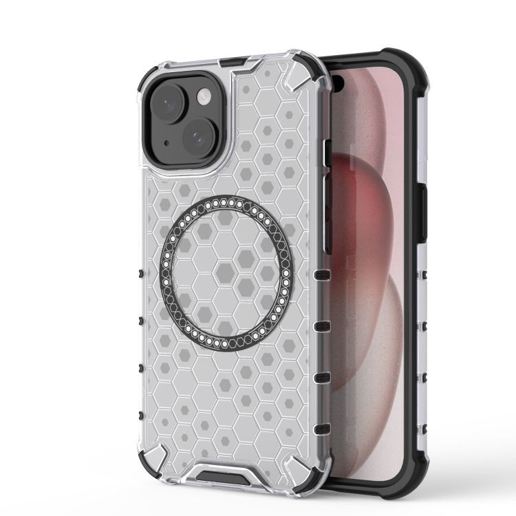 

For iPhone 15 Plus Honeycomb Magnetic Ring Shockproof Phone Case(White)