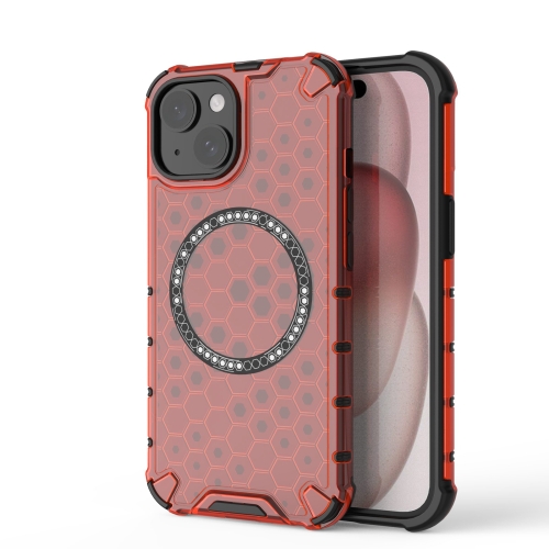 

For iPhone 15 Plus Honeycomb Magnetic Ring Shockproof Phone Case(Red)