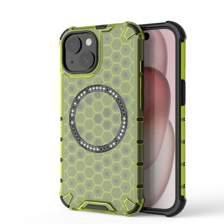 

For iPhone 15 Plus Honeycomb Magnetic Ring Shockproof Phone Case(Green)