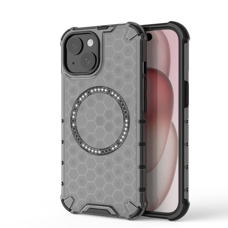 

For iPhone 15 Honeycomb Magnetic Ring Shockproof Phone Case(Black)