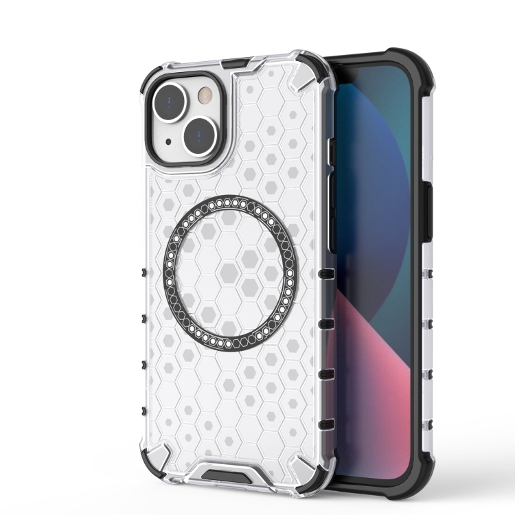 

For iPhone 14 Plus Honeycomb Magnetic Ring Shockproof Phone Case(White)