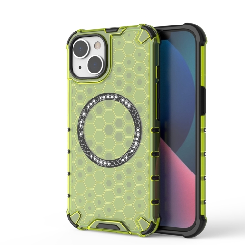 

For iPhone 14 Plus Honeycomb Magnetic Ring Shockproof Phone Case(Green)