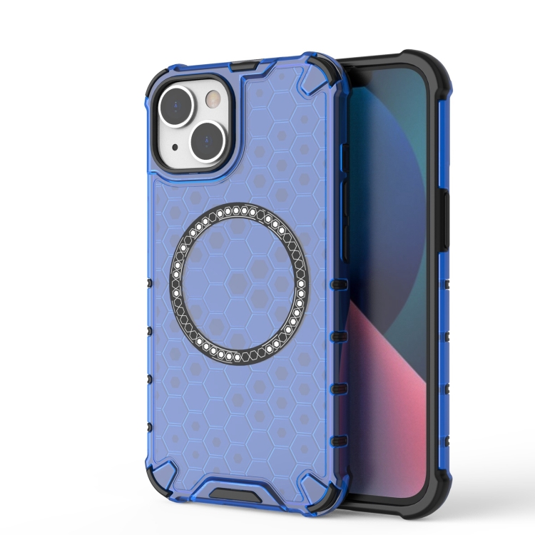 

For iPhone 14 Honeycomb Magnetic Ring Shockproof Phone Case(Blue)