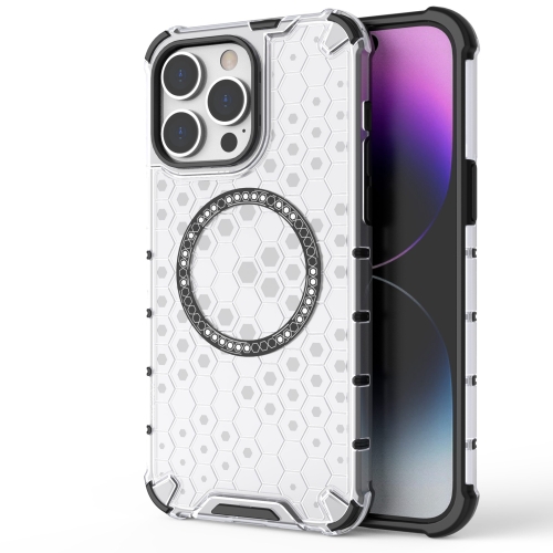

For iPhone 14 Pro Honeycomb Magnetic Ring Shockproof Phone Case(White)