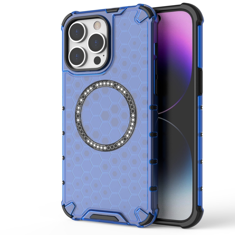 

For iPhone 14 Pro Honeycomb Magnetic Ring Shockproof Phone Case(Blue)